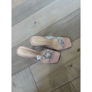 Cathy Din USA Violet-1 Pink Clear PVC Rhinestone Sunburst Sphere Heel Mules 10